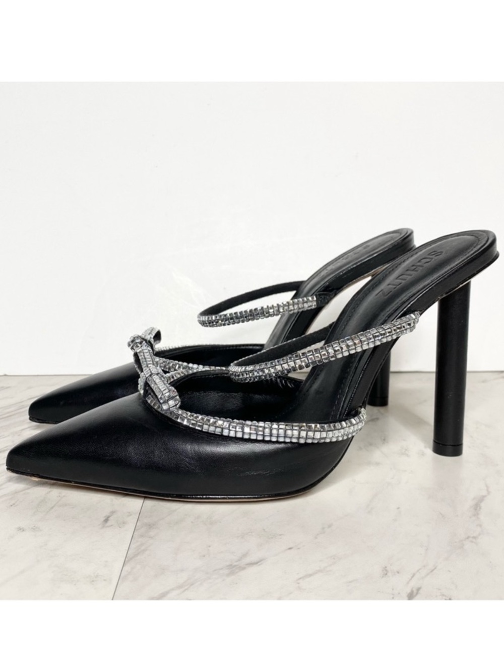 Schutz Avril Black Leather Embellished Pointy Toe Heeled Mule Pump 10B